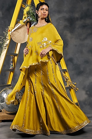 Olive Soft Silk Mirror Work Fish-Cut Lehenga Set by Vandana Sethi