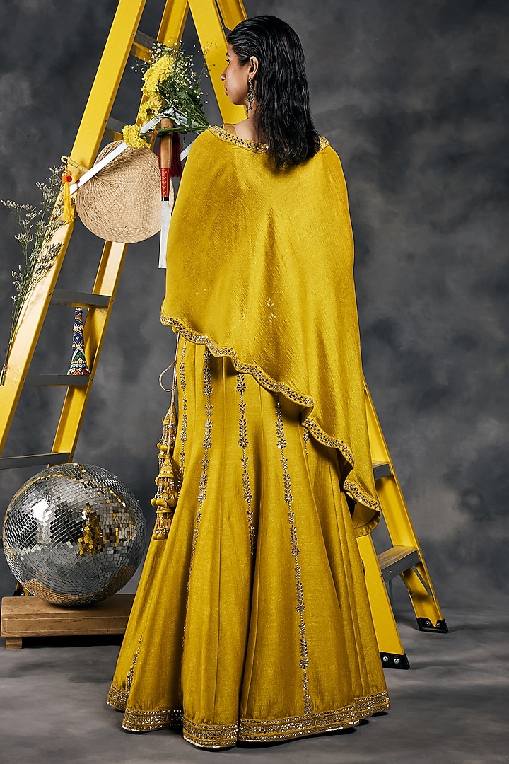 Olive Soft Silk Mirror Work Fish-Cut Wedding Lehenga Set by Vandana Sethi at Pernia's Pop Up Shop