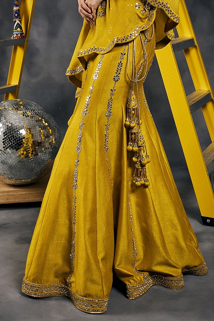 Olive Soft Silk Mirror Work Fish-Cut Wedding Lehenga Set by Vandana Sethi at Pernia's Pop Up Shop