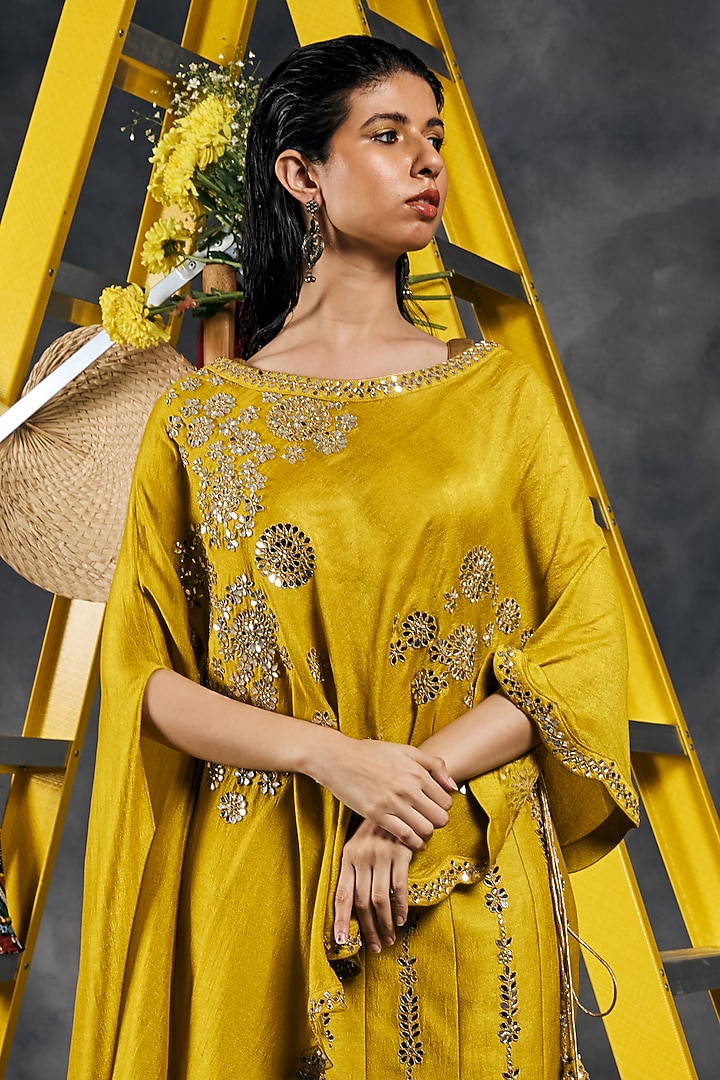 Olive Soft Silk Mirror Work Fish-Cut Wedding Lehenga Set by Vandana Sethi at Pernia's Pop Up Shop