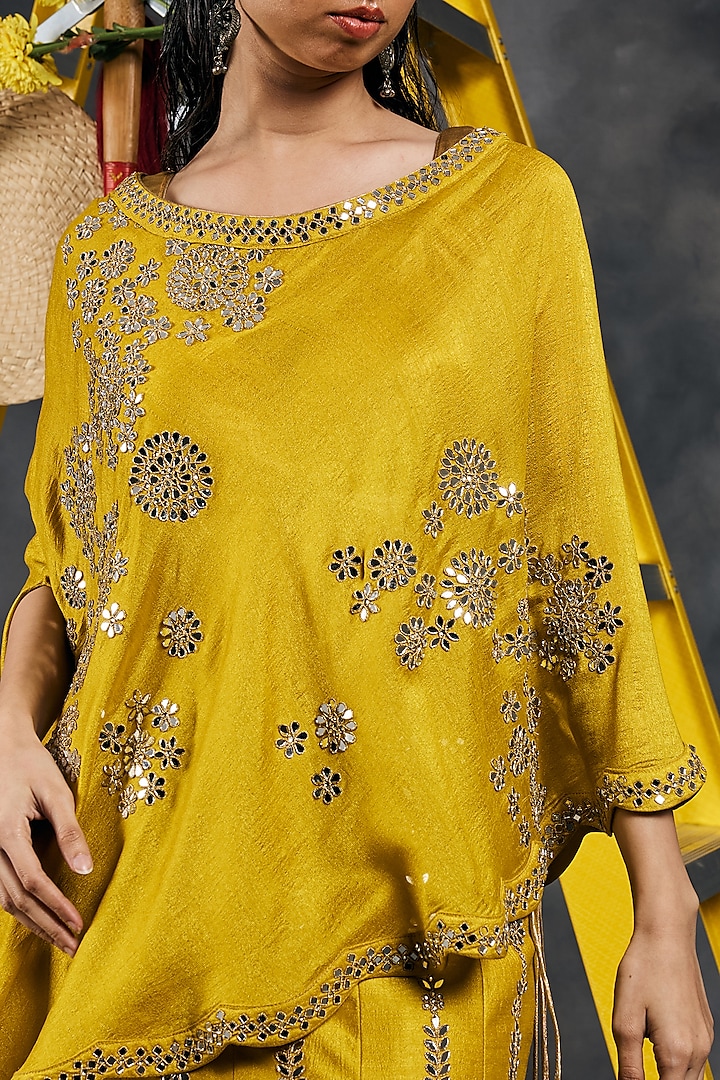 Olive Soft Silk Mirror Work Fish-Cut Wedding Lehenga Set by Vandana Sethi at Pernia's Pop Up Shop