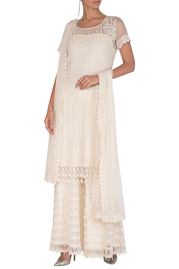 Ivory Embellished Bridal Sharara Set by Vandana Sethi at Pernia's Pop Up Shop