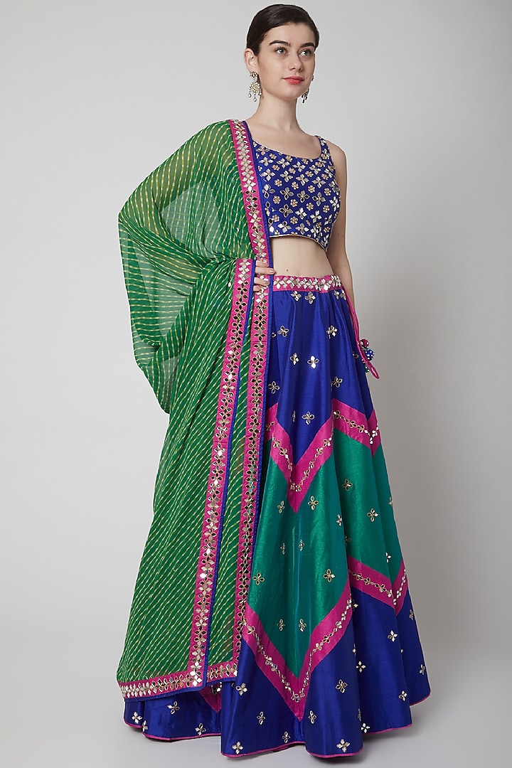 Cobalt Blue Mirror Embroidered Lehenga Set by Vandana Sethi