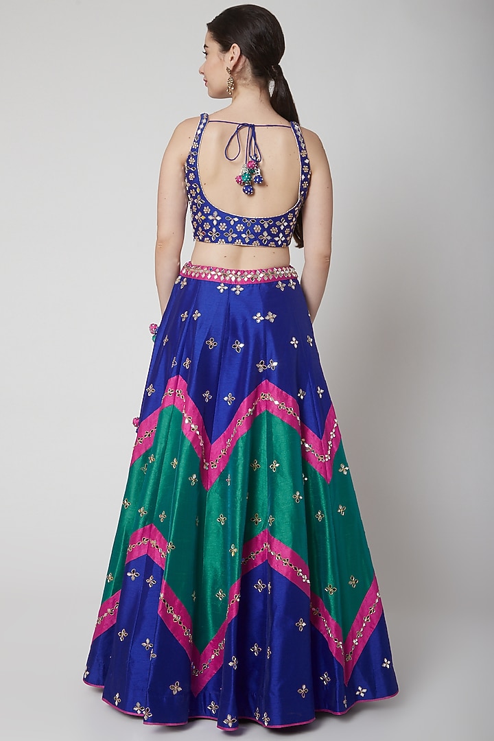 Cobalt Blue Mirror Embroidered Wedding Lehenga Set by Vandana Sethi at Pernia's Pop Up Shop