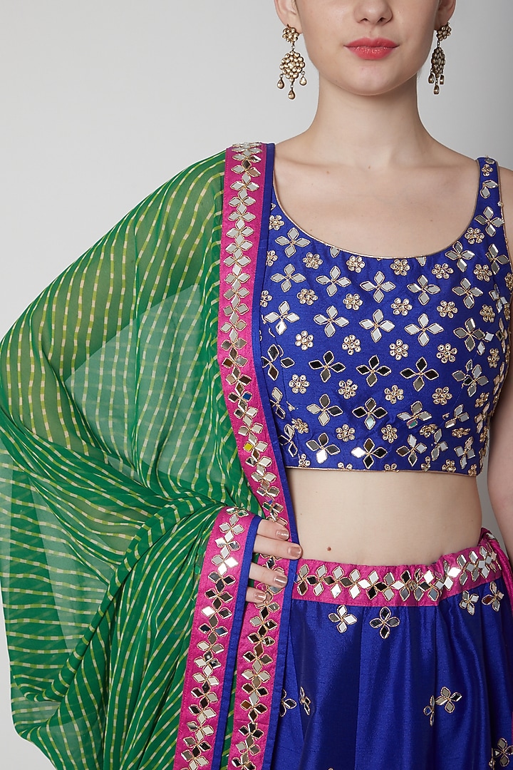 Cobalt Blue Mirror Embroidered Wedding Lehenga Set by Vandana Sethi at Pernia's Pop Up Shop