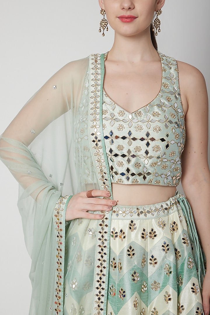 Emerald Green Embroidered Chevron Wedding Lehenga Set by Vandana Sethi at Pernia's Pop Up Shop