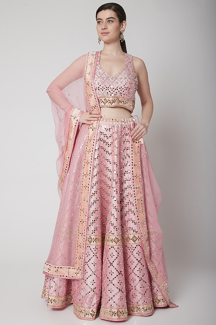 Blush Pink Mirror Embroidered Lehenga Set by Vandana Sethi