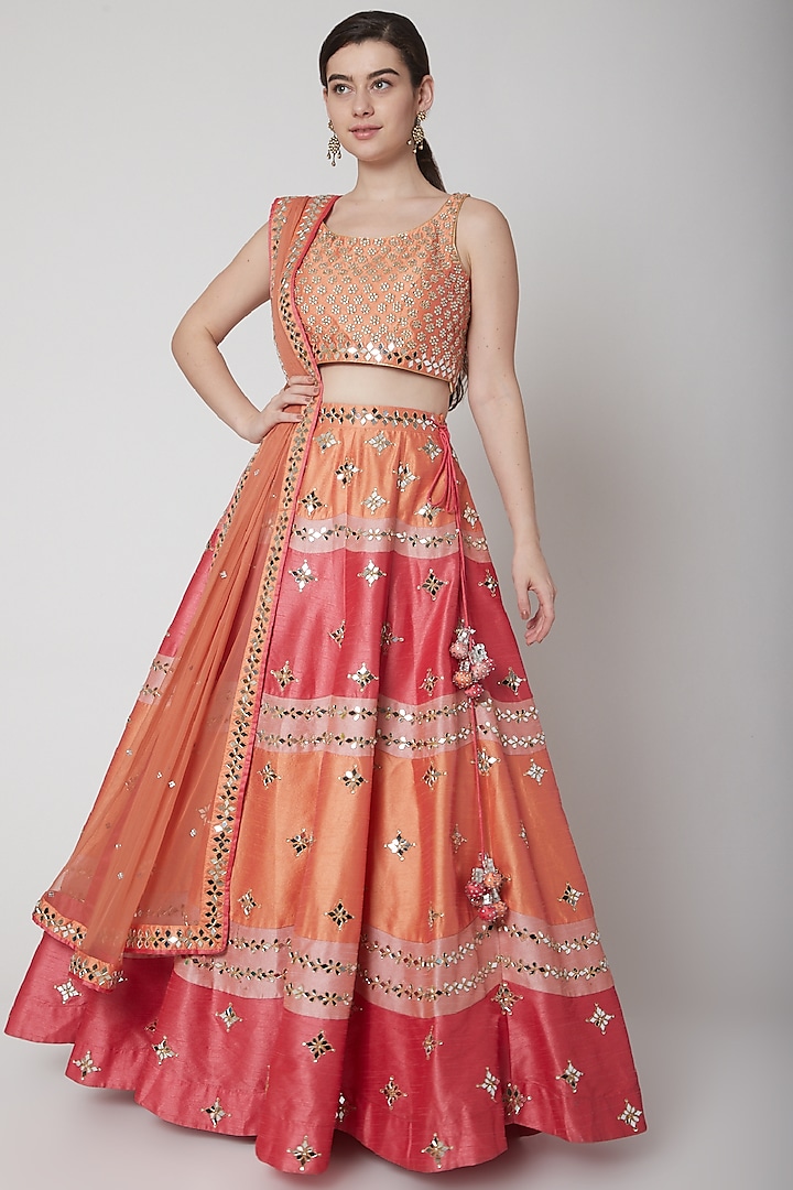 Peach Mirror Embroidered Lehenga Set by Vandana Sethi