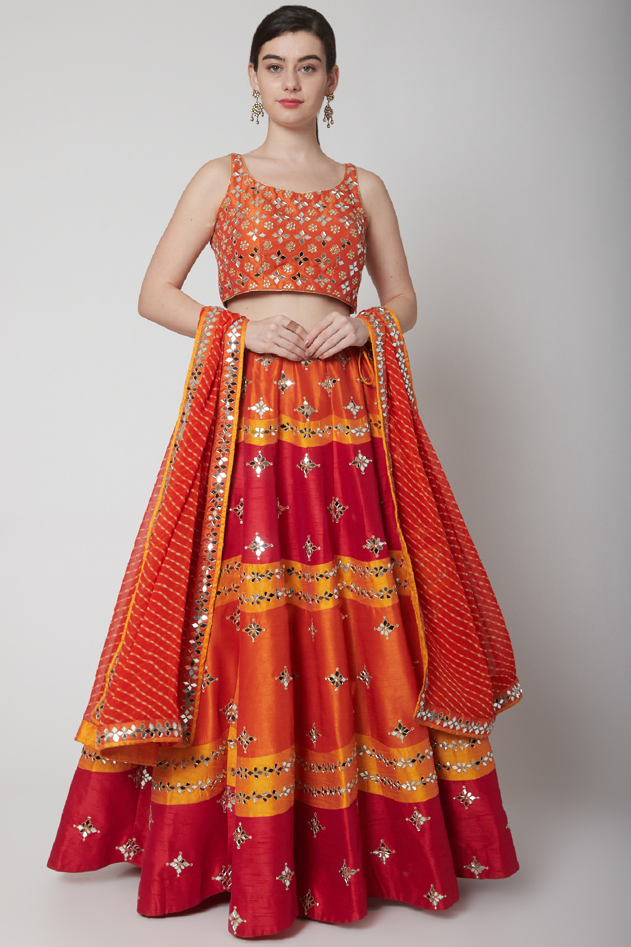 Orange Mirror Embroidered Lehenga Set by Vandana Sethi