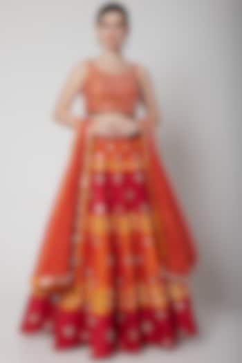 Orange Mirror Embroidered Lehenga Set by Vandana Sethi