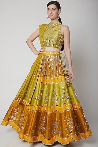 Olive Green Mirror Embroidered Lehenga Set by Vandana Sethi