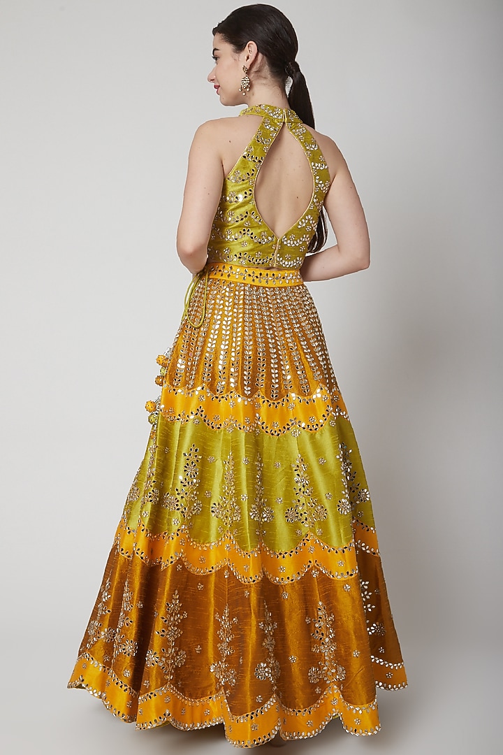 Olive Green Mirror Embroidered Wedding Lehenga Set by Vandana Sethi at Pernia's Pop Up Shop