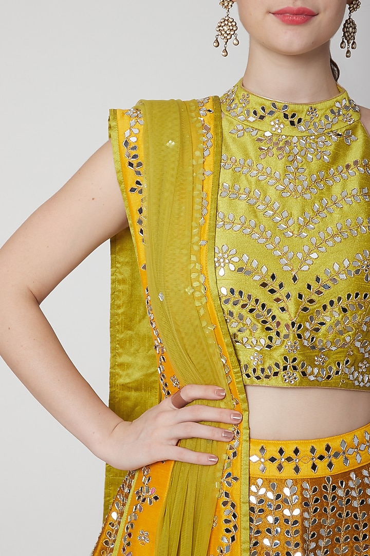 Olive Green Mirror Embroidered Wedding Lehenga Set by Vandana Sethi at Pernia's Pop Up Shop