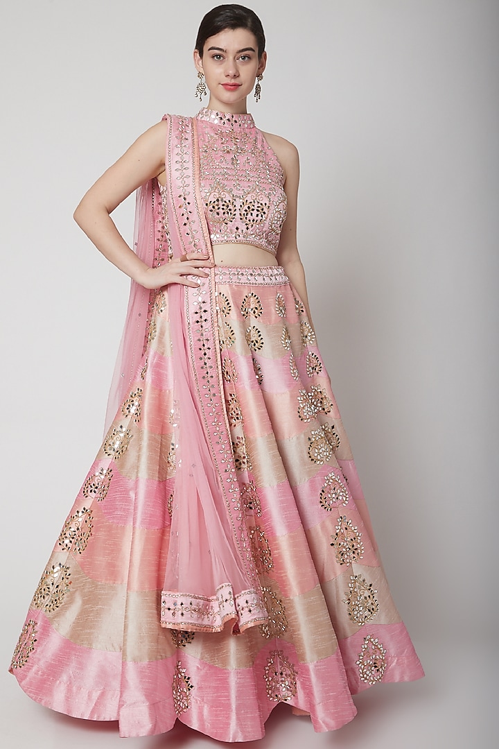 Blush Pink Dupion Silk Embroidered Lehenga Set by Vandana Sethi