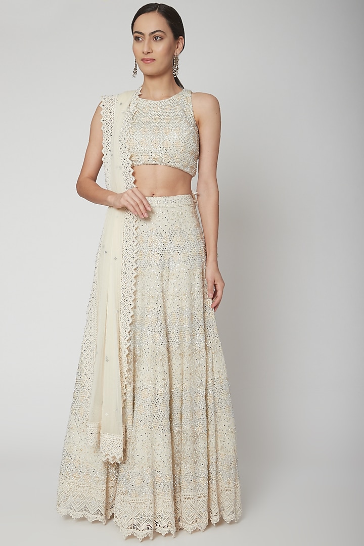 Ivory Chikankari Embroidered Lehenga Set by Vandana Sethi