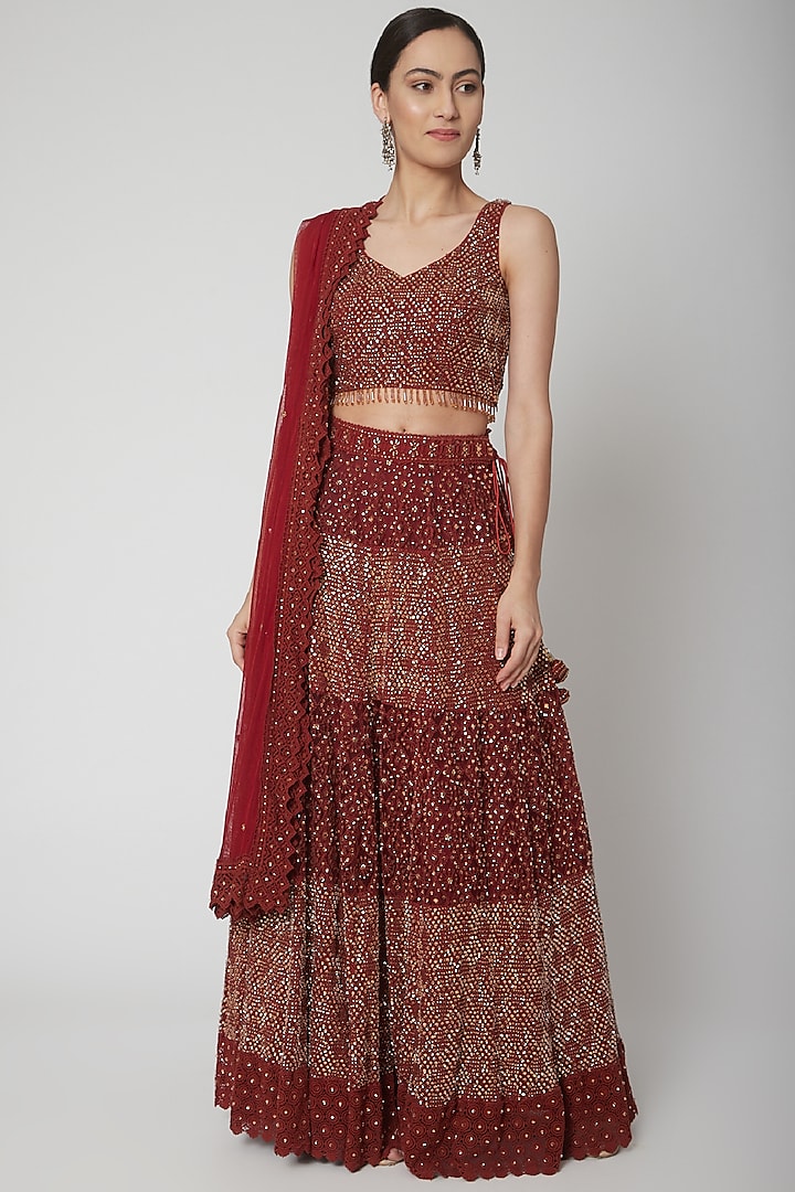 Maroon Chikankari Embroidered Lehenga Set by Vandana Sethi