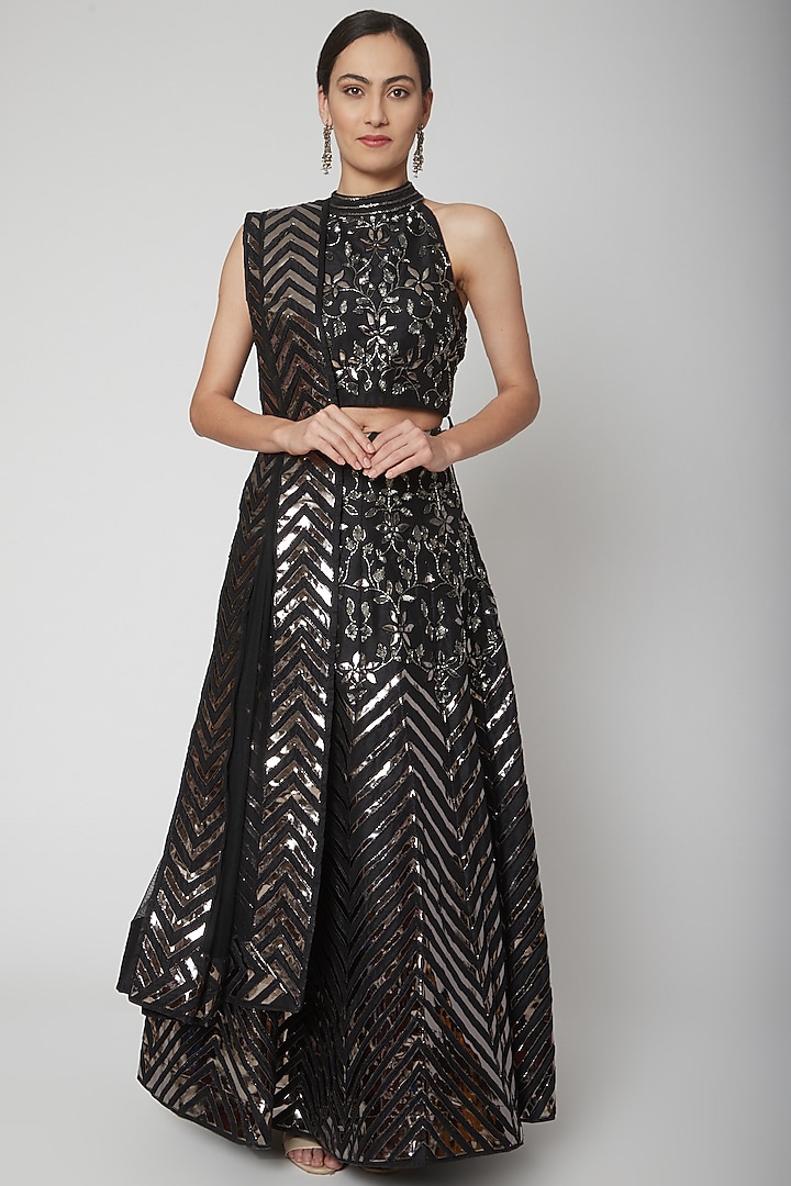 Black Dupion Silk Applique Embroidered Wedding Lehenga Set by Vandana Sethi at Pernia's Pop Up Shop