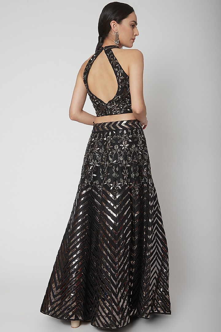 Black Dupion Silk Applique Embroidered Wedding Lehenga Set by Vandana Sethi at Pernia's Pop Up Shop