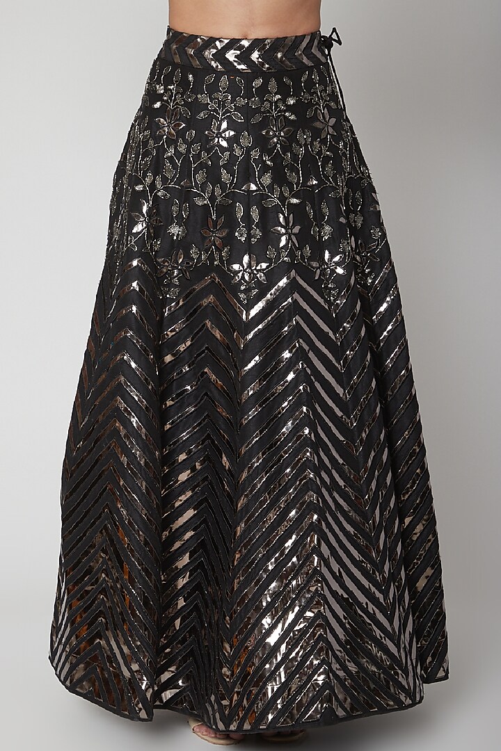Black Dupion Silk Applique Embroidered Wedding Lehenga Set by Vandana Sethi at Pernia's Pop Up Shop