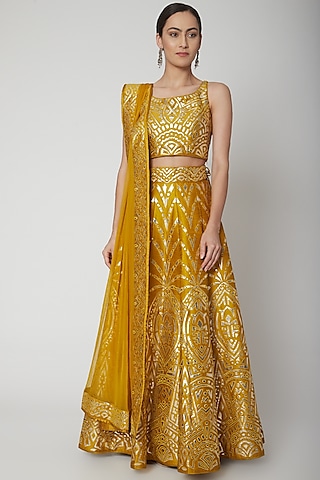 Mustard & Green Embroidered Lehenga Set by Vandana Sethi