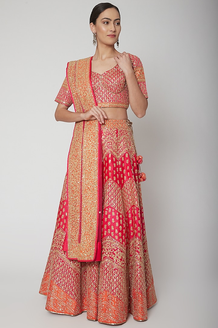 Fuchsia & Orange Embroidered Lehenga Set by Vandana Sethi