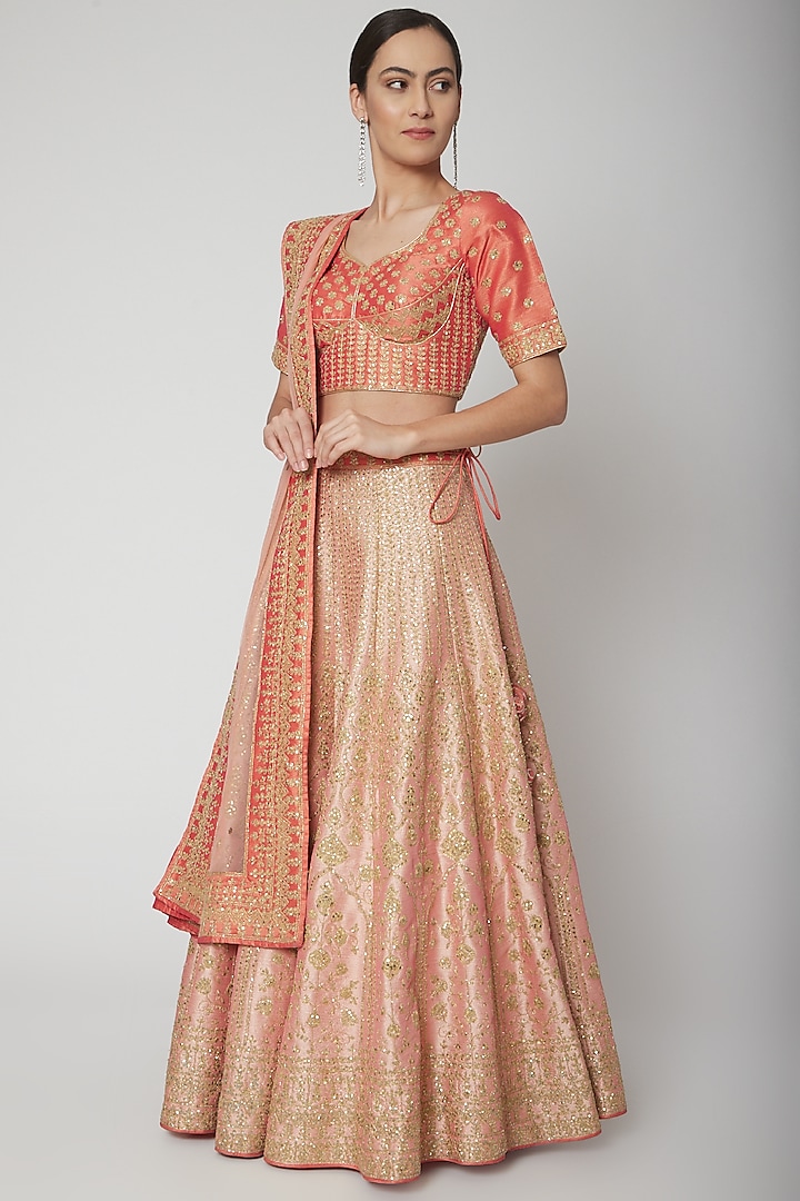 Salmon Pink Embroidered Lehenga Set by Vandana Sethi