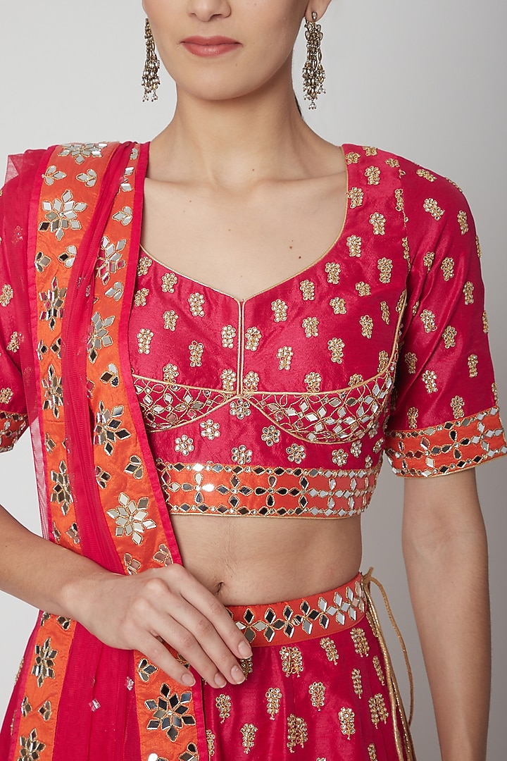 Fuchsia & Orange Aari Embroidered Wedding Lehenga Set by Vandana Sethi at Pernia's Pop Up Shop