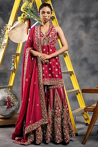 Dark Fuchsia Pink Organza Mirror Work Gharara Set by Vandana Sethi