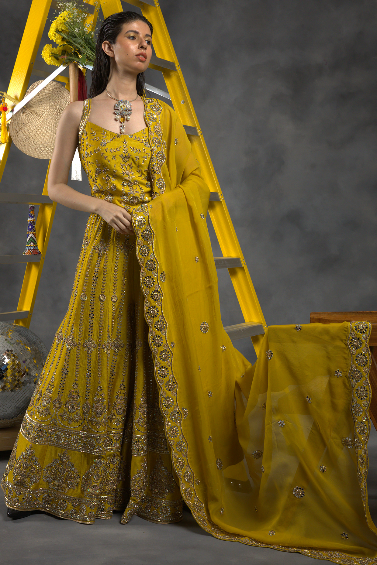 Olive Green Soft Silk Dabka Work Bridal Sharara Set by Vandana Sethi at Pernia's Pop Up Shop