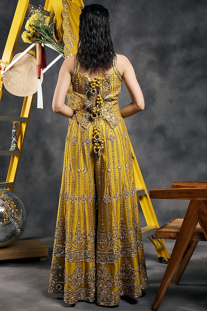 Olive Green Soft Silk Dabka Work Bridal Sharara Set by Vandana Sethi at Pernia's Pop Up Shop