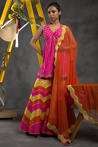 Multi-Colored Dupion Silk Chevron Gharara Set by Vandana Sethi
