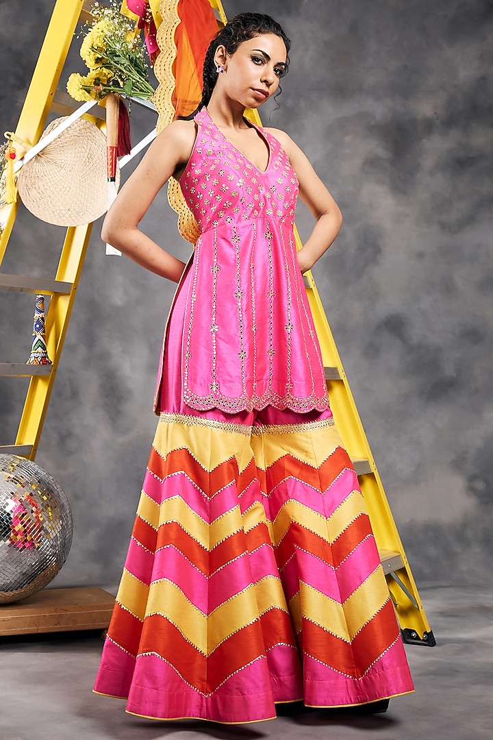 Multi-Colored Dupion Silk Chevron Gharara Set by Vandana Sethi at Pernia's Pop Up Shop