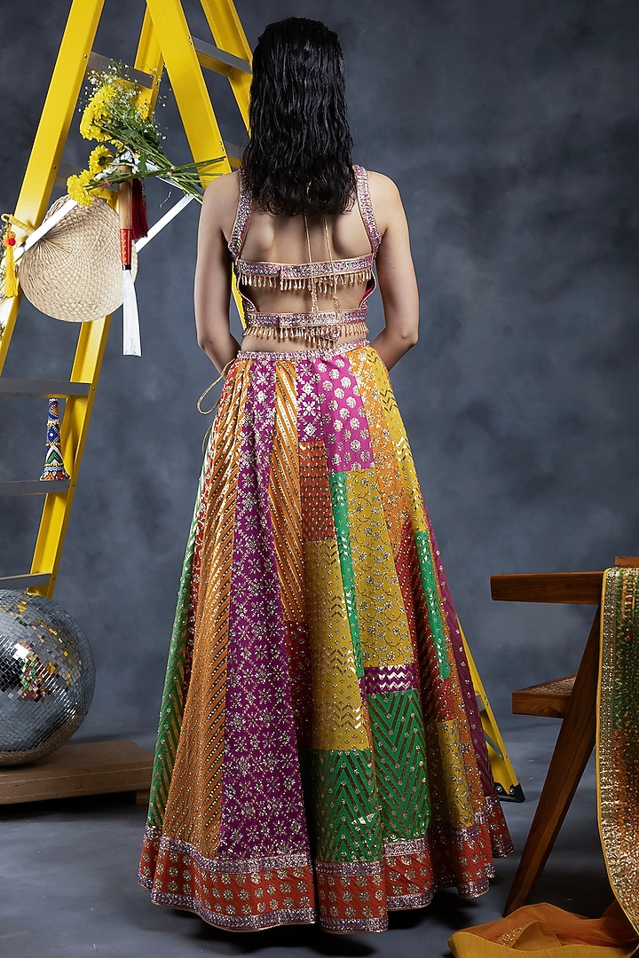 Multi-Colored Chanderi Silk Gota Embroidered Wedding Lehenga Set by Vandana Sethi at Pernia's Pop Up Shop