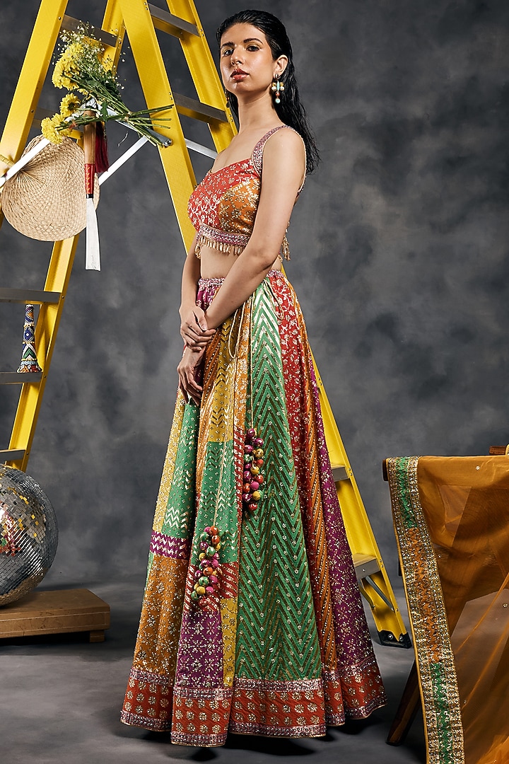 Multi-Colored Chanderi Silk Gota Embroidered Wedding Lehenga Set by Vandana Sethi at Pernia's Pop Up Shop