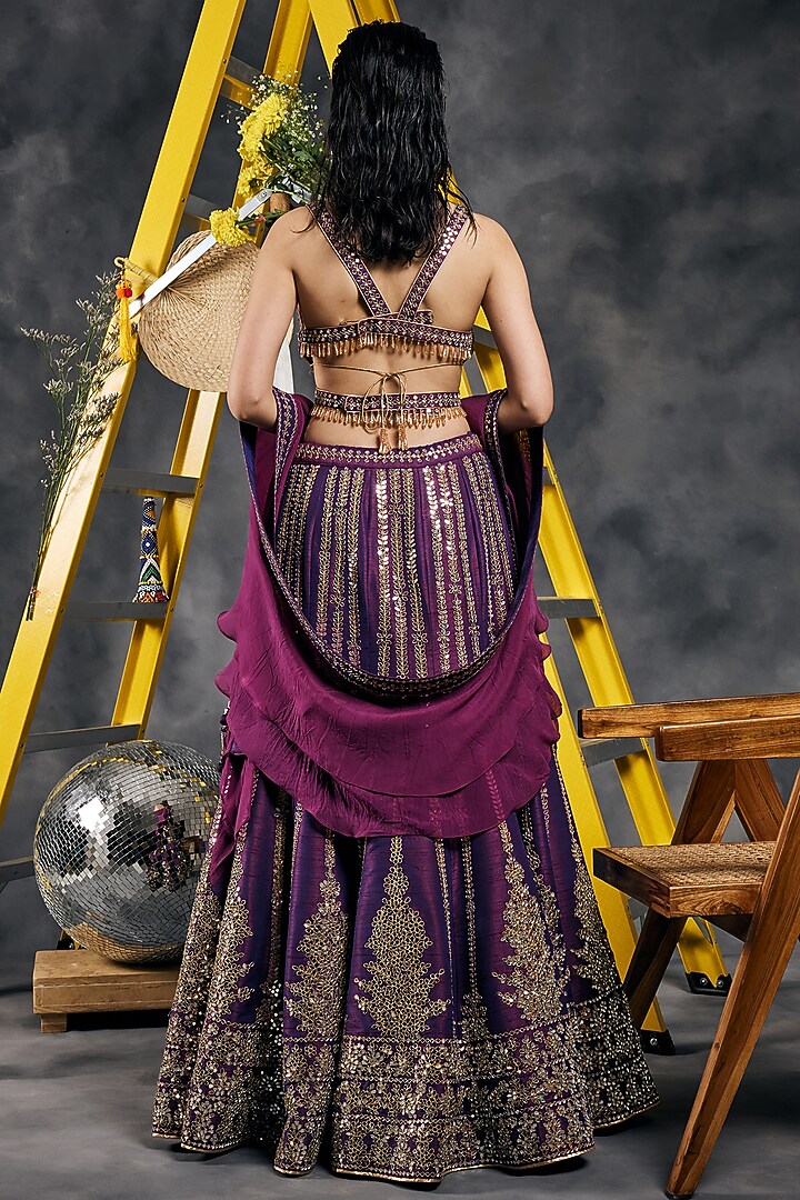 Aubergine Dupion Silk Mirror Work Fish-Cut Bridal Lehenga Set by Vandana Sethi at Pernia's Pop Up Shop