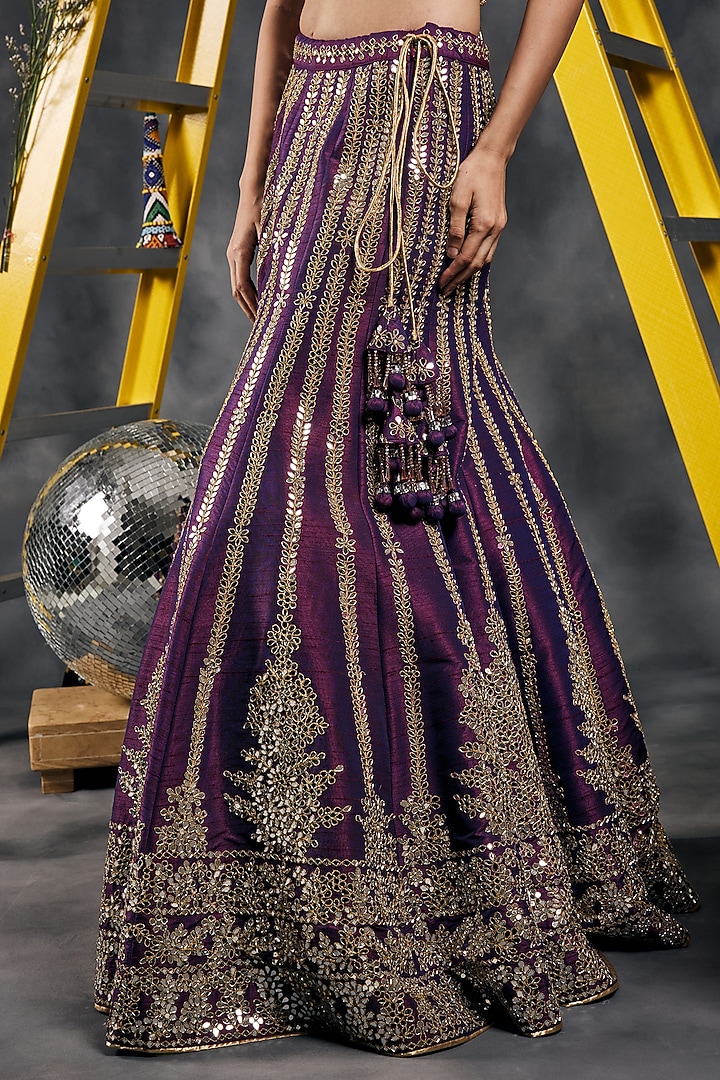 Aubergine Dupion Silk Mirror Work Fish-Cut Bridal Lehenga Set by Vandana Sethi at Pernia's Pop Up Shop
