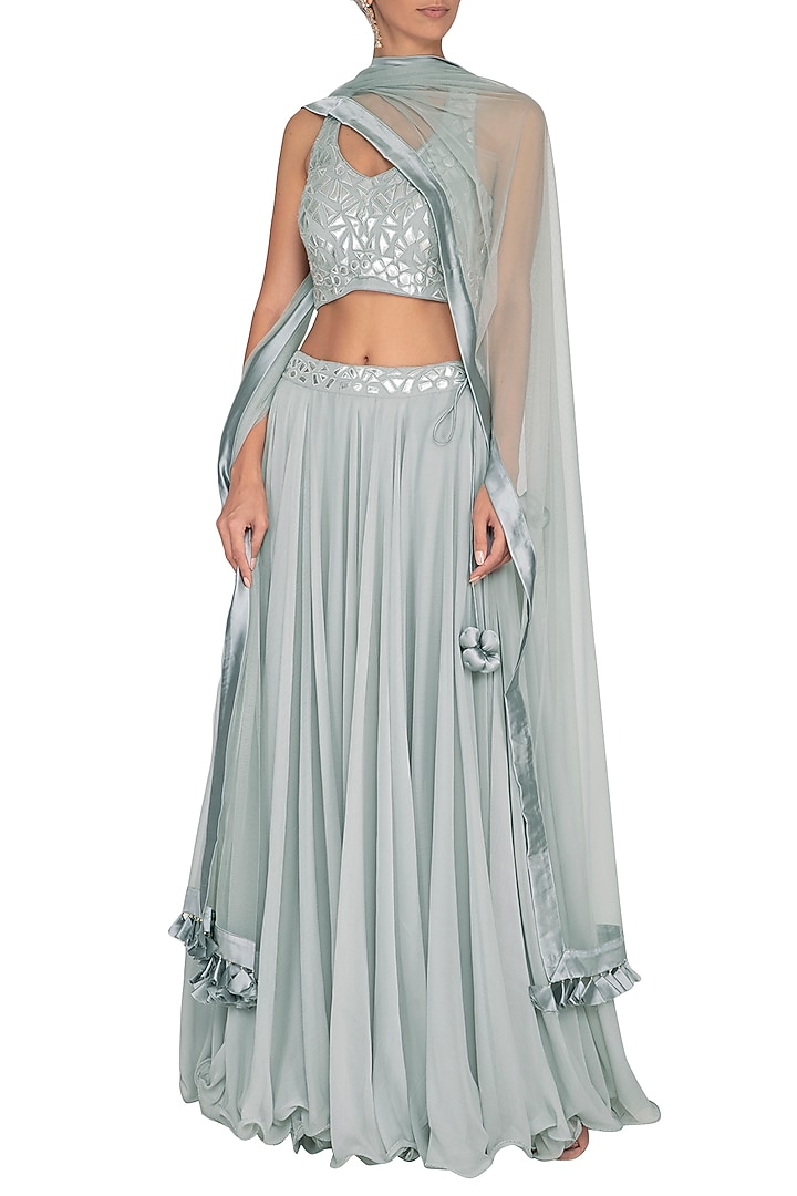 Light Grey Chiffon Wedding Lehenga Set by Vandana Sethi at Pernia's Pop Up Shop