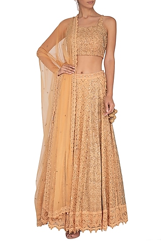 Golden Embroidered Chikankari Lehenga Set by Vandana Sethi