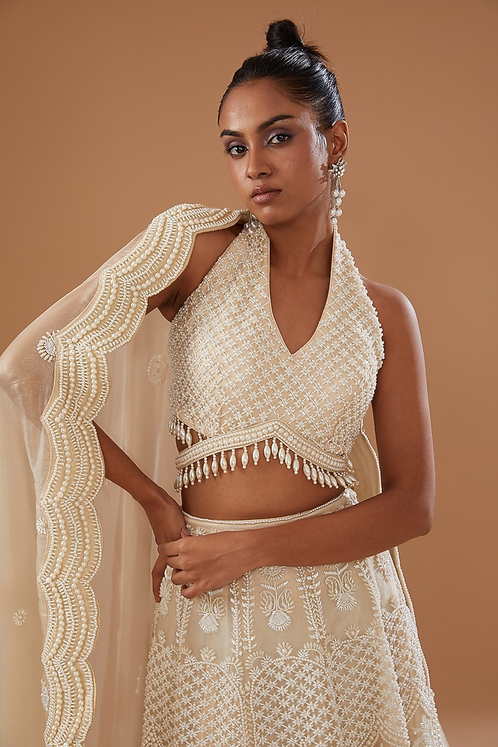 Ivory Organza Embroidered Bridal Lehenga Set by Vandana Sethi at Pernia's Pop Up Shop