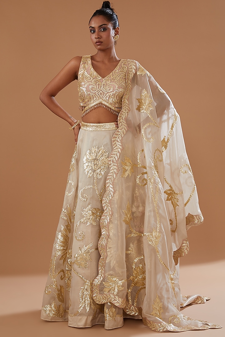 Ivory Shimmer Organza Embroidered Wedding Lehenga Set by Vandana Sethi at Pernia's Pop Up Shop