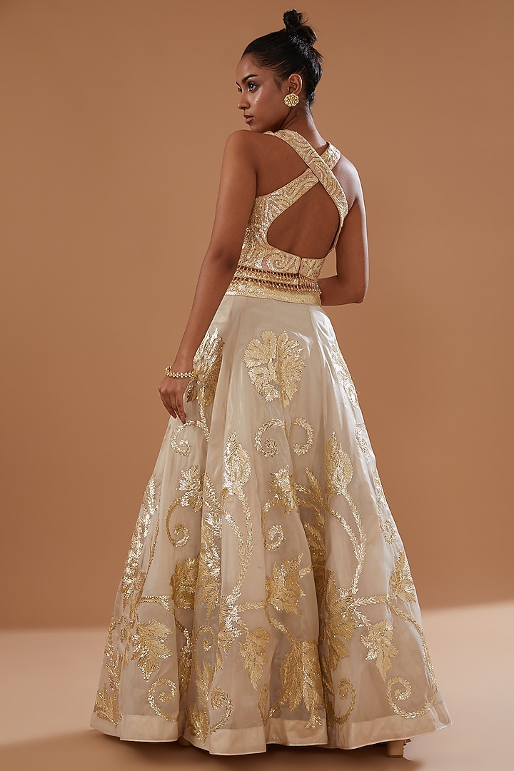 Ivory Shimmer Organza Embroidered Wedding Lehenga Set by Vandana Sethi at Pernia's Pop Up Shop