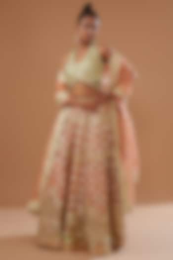 Dark Peach Shimmer Organza Embroidered Bridal Lehenga Set by Vandana Sethi at Pernia's Pop Up Shop