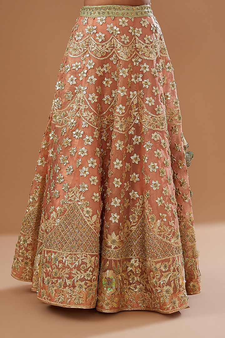 Dark Peach Shimmer Organza Embroidered Bridal Lehenga Set by Vandana Sethi at Pernia's Pop Up Shop
