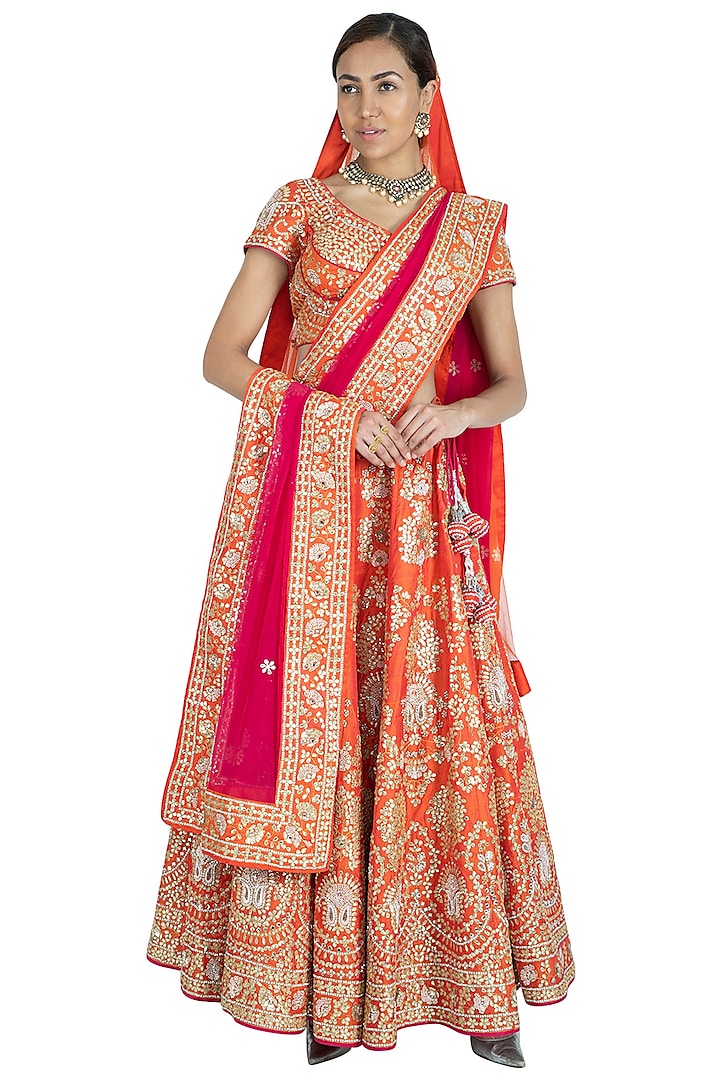 Orange Raw Silk Thread Embroidered Lehenga Set by Vandana Sethi