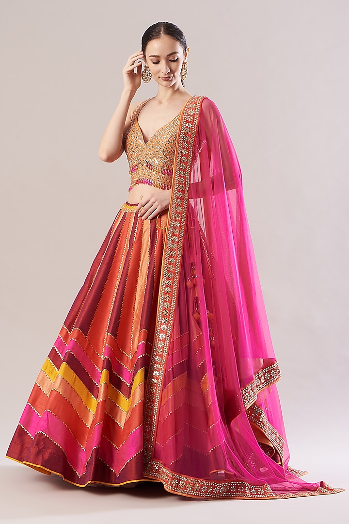 Multi-Colored Wedding Lehenga Set With Chevron Stripes by Vandana Sethi at Pernia's Pop Up Shop