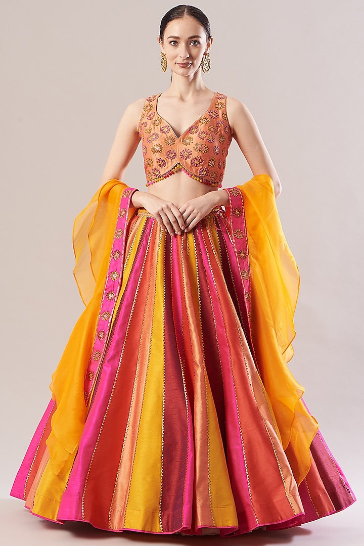 Multi-Colored Wedding Lehenga Set With Stripes by Vandana Sethi at Pernia's Pop Up Shop