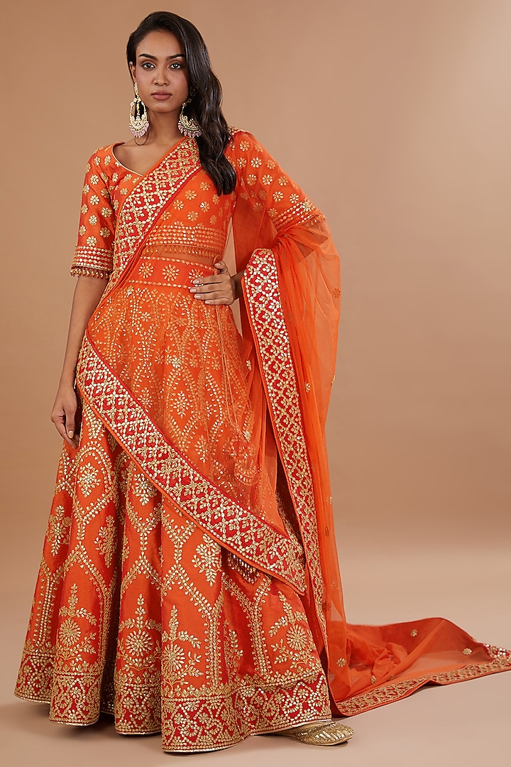 Rusty Orange Organza Gota Patti Embroidered Wedding Lehenga Set by Vandana Sethi at Pernia's Pop Up Shop