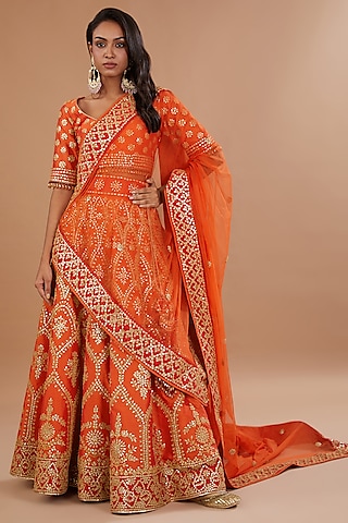 Rusty Orange Organza Gota Patti Embroidered Lehenga Set by Vandana Sethi