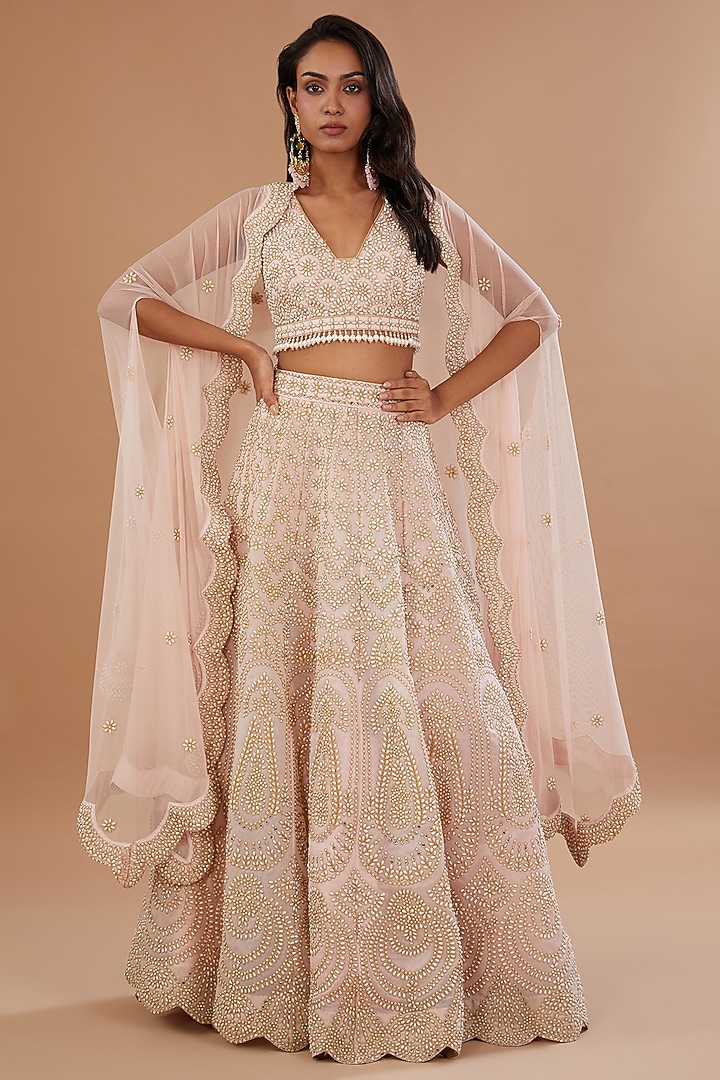 Blush Pink Organza Zari Embroidered Bridal Lehenga Set by Vandana Sethi at Pernia's Pop Up Shop