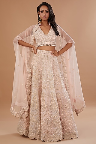 Blush Pink Organza Zari Embroidered Lehenga Set by Vandana Sethi